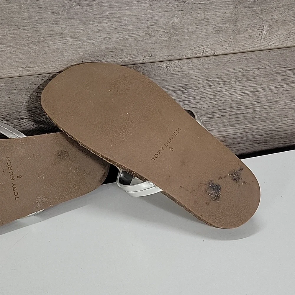 Tory Burch Silver Logo Thong Sandals Sz 8